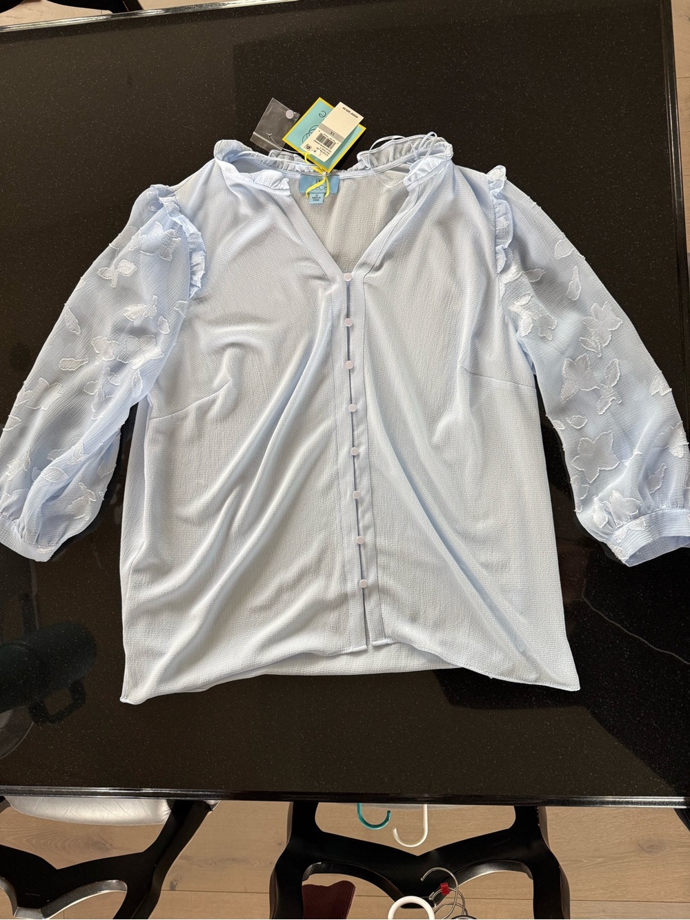 CeCe Light Blue Sheer Sleeve Button-Front Blouse
